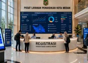 Dashboard interaktif Pendaftaran Kampus Medan yang menampilkan alur agenda registrasi real-time untuk mendukung efisiensi pendaftaran kota Medan.