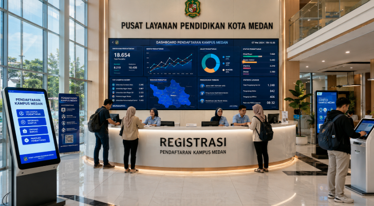 Dashboard interaktif Pendaftaran Kampus Medan yang menampilkan alur agenda registrasi real-time untuk mendukung efisiensi pendaftaran kota Medan.