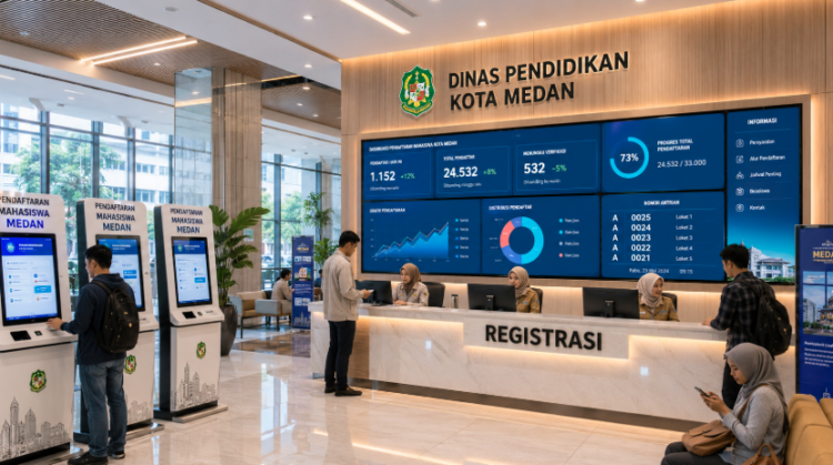 Dashboard interaktif Pendaftaran Mahasiswa Medan yang menampilkan alur agenda registrasi real-time untuk mendukung efisiensi pendaftaran kota Medan.