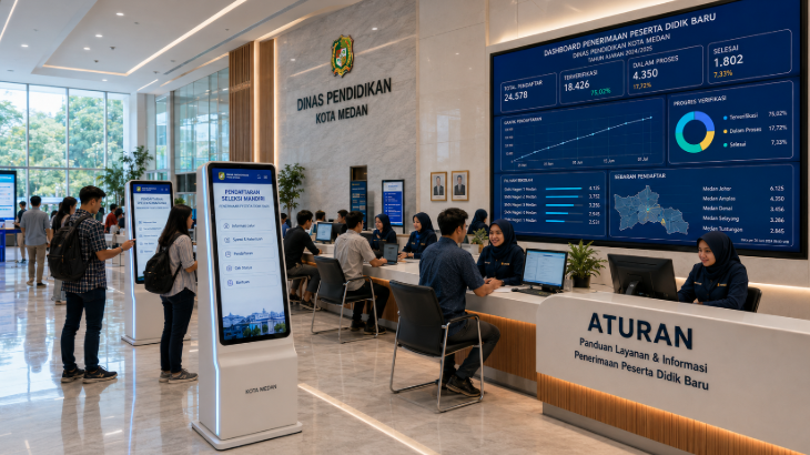 Dashboard interaktif Pendaftaran Seleksi Mandiri yang menampilkan alur agenda registrasi real-time untuk mendukung efisiensi pendaftaran kota Medan.