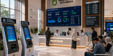 Dashboard interaktif Pendaftaran Tes Universitas yang menampilkan alur agenda registrasi real-time untuk mendukung efisiensi pendaftaran kota Medan.