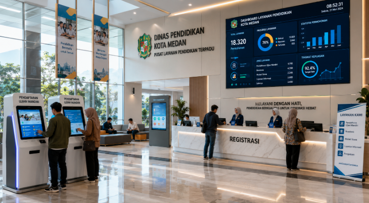 Dashboard interaktif Pendaftaran Ujian Mandiri yang menampilkan alur agenda registrasi real-time untuk mendukung efisiensi pendaftaran kota Medan.