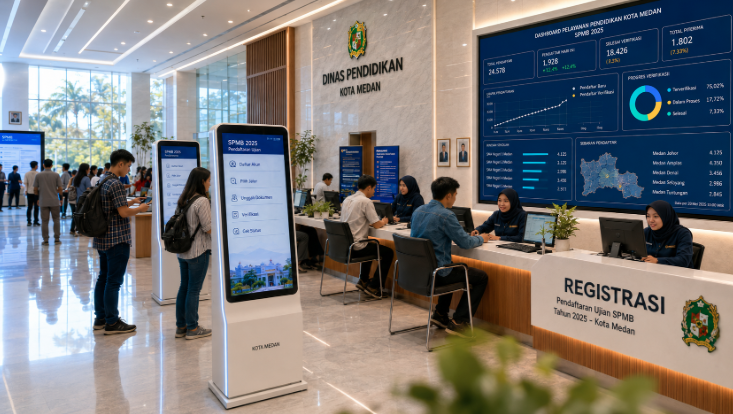 Dashboard interaktif Pendaftaran Ujian SPMB yang menampilkan alur agenda registrasi real-time untuk mendukung efisiensi pendaftaran kota Medan.