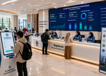 Dashboard interaktif Pendaftaran Universitas Medan yang menampilkan alur agenda registrasi real-time untuk mendukung efisiensi pendaftaran kota Medan.