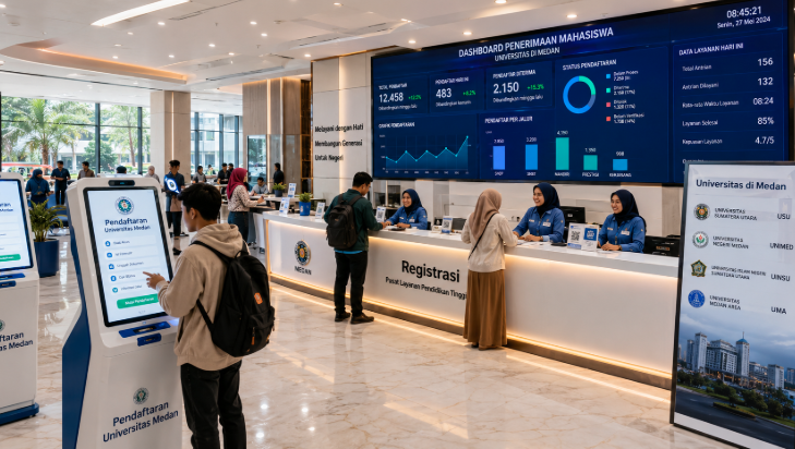 Dashboard interaktif Pendaftaran Universitas Medan yang menampilkan alur agenda registrasi real-time untuk mendukung efisiensi pendaftaran kota Medan.