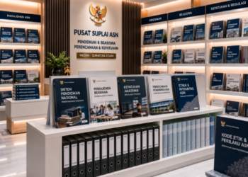 Jajaran tempat buku panduan pendidikan anak ASN Pemkot Medan Berprestasi bahan premium untuk usaha pembuatan rencana clearance biaya pendidikan pegawai dan alat pusat instrumen clearance biaya Medan heavy duty minimalis berbagai folder lembar jaminan yang tersusun sangat rapi di dalam etalase toko perlengkapan kantor