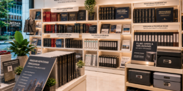 Jajaran tempat buku panduan penegakan disiplin ASN bahan premium untuk usaha pemeriksaan pelanggaran tata tertib pegawai dan alat pusat instrumen regulasi Medan heavy duty minimalis berbagai folder berkas perkara yang tersusun sangat rapi di dalam etalase toko perlengkapan kantor