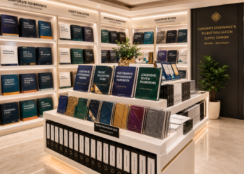 Jajaran tempat buku panduan pengelolaan kinerja ASN bahan premium untuk usaha penyusunan dokumen sasaran kerja pegawai dan alat pusat instrumen evaluasi Medan heavy duty minimalis berbagai folder bukti dukung yang tersusun sangat rapi di dalam etalase toko perlengkapan kantor