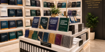 Jajaran tempat buku panduan pengelolaan kinerja ASN bahan premium untuk usaha penyusunan dokumen sasaran kerja pegawai dan alat pusat instrumen evaluasi Medan heavy duty minimalis berbagai folder bukti dukung yang tersusun sangat rapi di dalam etalase toko perlengkapan kantor