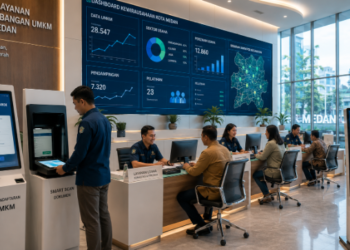 Dashboard interaktif Pengembangan UMKM Medan yang menampilkan sistem pemantauan data kewirausahaan real-time untuk mendukung efisiensi UMKM kota Medan