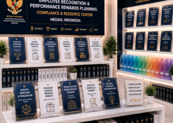 Jajaran tempat buku panduan penghargaan pegawai ASN Pemkot Medan Adil bahan premium untuk usaha pembuatan rencana pemberian apresiasi pegawai dan alat pusat instrumen verifikasi prestasi Medan heavy duty minimalis berbagai folder lembar penilaian yang tersusun sangat rapi di dalam etalase toko perlengkapan kantor