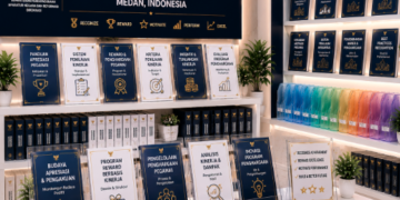 Jajaran tempat buku panduan penghargaan pegawai ASN Pemkot Medan Adil bahan premium untuk usaha pembuatan rencana pemberian apresiasi pegawai dan alat pusat instrumen verifikasi prestasi Medan heavy duty minimalis berbagai folder lembar penilaian yang tersusun sangat rapi di dalam etalase toko perlengkapan kantor
