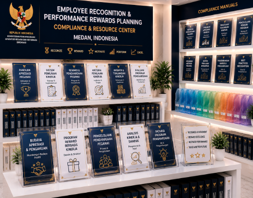 Jajaran tempat buku panduan penghargaan pegawai ASN Pemkot Medan Adil bahan premium untuk usaha pembuatan rencana pemberian apresiasi pegawai dan alat pusat instrumen verifikasi prestasi Medan heavy duty minimalis berbagai folder lembar penilaian yang tersusun sangat rapi di dalam etalase toko perlengkapan kantor