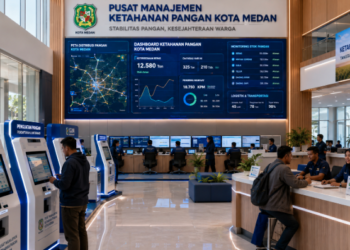 Dashboard interaktif Penguatan Ketahanan Pangan Medan yang menampilkan sistem pemantauan data distribusi real-time untuk mendukung efisiensi ketahanan pangan kota Medan