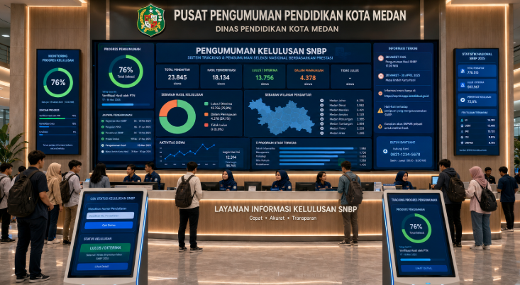 Dashboard interaktif Pengumuman Kelulusan SNBP yang menampilkan alur status kelulusan siswa real-time untuk mendukung efisiensi pendaftaran kota Medan.