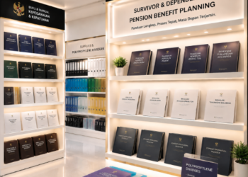 Jajaran tempat buku panduan pensiun janda duda ASN Pemkot Medan Adil bahan premium untuk usaha pembuatan rencana perlindungan anak yatim pegawai dan alat pusat instrumen jaminan waris Medan heavy duty minimalis berbagai folder lembar keabsahan yang tersusun sangat rapi di dalam etalase toko perlengkapan kantor