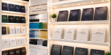 Jajaran tempat buku panduan pensiun janda duda ASN Pemkot Medan Adil bahan premium untuk usaha pembuatan rencana perlindungan anak yatim pegawai dan alat pusat instrumen jaminan waris Medan heavy duty minimalis berbagai folder lembar keabsahan yang tersusun sangat rapi di dalam etalase toko perlengkapan kantor