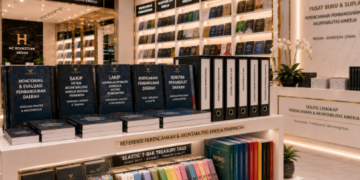 Jajaran tempat buku panduan penyusunan AKIP ASN Medan bahan premium untuk usaha perumusan indikator kinerja pegawai dan alat pusat instrumen akuntabilitas Medan heavy duty minimalis berbagai folder LKjIP yang tersusun sangat rapi di dalam etalase toko perlengkapan kantor