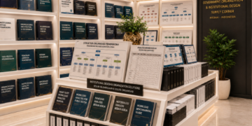 Jajaran tempat buku panduan penyusunan anjab ASN bahan premium untuk usaha penghitungan analisis beban kerja pegawai dan alat pusat instrumen formasi Medan heavy duty minimalis berbagai peranti organisasi yang tersusun sangat rapi di dalam etalase toko perlengkapan kantor