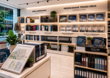 Jajaran tempat buku panduan penyusunan renstra ASN bahan premium untuk usaha perumusan target program kerja organisasi dan alat pusat instrumen perencanaan Medan heavy duty minimalis berbagai peranti desain kebijakan yang tersusun sangat rapi di dalam etalase toko perlengkapan kantor