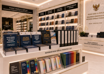 Jajaran tempat buku panduan penyusunan SOP AP ASN bahan premium untuk usaha pemetaan diagram alir pegawai dan alat pusat instrumen tata laksana Medan heavy duty minimalis berbagai folder prosedur yang tersusun sangat rapi di dalam etalase toko perlengkapan kantor