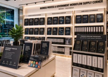 Jajaran tempat buku panduan penyusunan SOP ASN bahan premium untuk usaha pembuatan diagram alir pelayanan pegawai dan alat pusat instrumen prosedur Medan heavy duty minimalis berbagai perlengkapan tata laksana yang tersusun sangat rapi di dalam etalase toko perlengkapan kantor