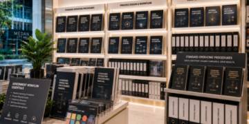 Jajaran tempat buku panduan penyusunan SOP ASN bahan premium untuk usaha pembuatan diagram alir pelayanan pegawai dan alat pusat instrumen prosedur Medan heavy duty minimalis berbagai perlengkapan tata laksana yang tersusun sangat rapi di dalam etalase toko perlengkapan kantor