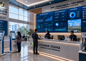 Dashboard interaktif Perizinan Industri Medan yang menampilkan sistem pemantauan data manufaktur real-time untuk mendukung efisiensi industri kota Medan