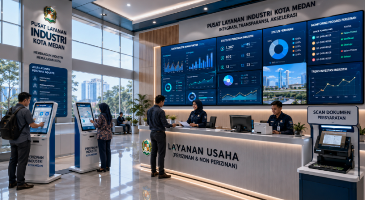 Dashboard interaktif Perizinan Industri Medan yang menampilkan sistem pemantauan data manufaktur real-time untuk mendukung efisiensi industri kota Medan