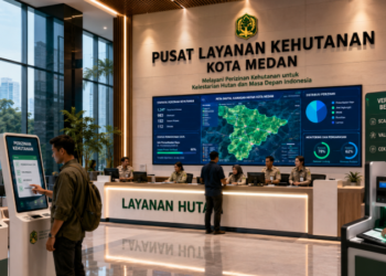 Dashboard interaktif Perizinan Kehutanan Medan yang menampilkan sistem pemantauan data rimba real-time untuk mendukung efisiensi kehutanan kota Medan