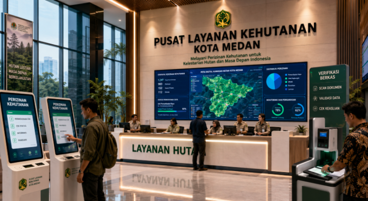 Dashboard interaktif Perizinan Kehutanan Medan yang menampilkan sistem pemantauan data rimba real-time untuk mendukung efisiensi kehutanan kota Medan