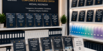 Jajaran tempat buku panduan perjalanan dinas ASN Pemkot Medan Bersih bahan premium untuk usaha pembuatan rencana monitoring perjalanan pegawai dan alat pusat instrumen validasi biaya Medan heavy duty minimalis berbagai folder lembar verifikasi yang tersusun sangat rapi di dalam etalase toko perlengkapan kantor
