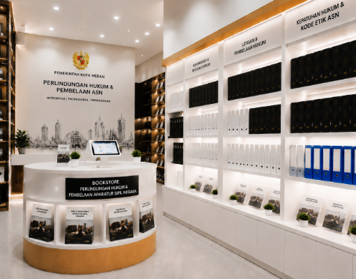 Jajaran tempat buku panduan perlindungan hukum ASN Pemkot Medan Kuat bahan premium untuk usaha pembuatan rencana bantuan hukum pegawai dan alat pusat instrumen advokasi kepegawaian Medan heavy duty minimalis berbagai folder lembar advokasi yang tersusun sangat rapi di dalam etalase toko perlengkapan kantor