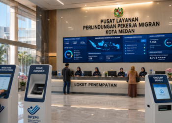 Dashboard interaktif Perlindungan Pekerja Medan yang menampilkan sistem pemantauan data migran real-time untuk mendukung efisiensi ketenagakerjaan kota Medan