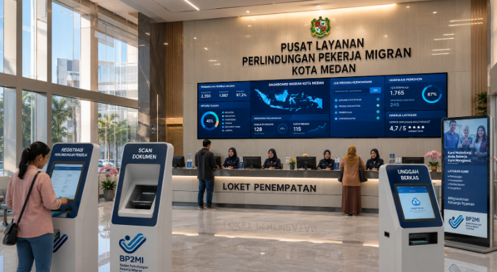 Dashboard interaktif Perlindungan Pekerja Medan yang menampilkan sistem pemantauan data migran real-time untuk mendukung efisiensi ketenagakerjaan kota Medan