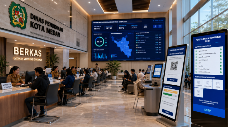 Dashboard interaktif Persyaratan Dokumen SNBP yang menampilkan alur kelengkapan berkas real-time untuk mendukung efisiensi pendaftaran kota Medan.