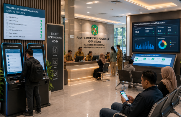 Dashboard interaktif Persyaratan Pendaftaran Siswa yang menampilkan alur kelengkapan dokumen real-time untuk mendukung efisiensi pendaftaran kota Medan.