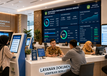 Dashboard interaktif Persyaratan Unggah Berkas yang menampilkan alur kirim dokumen real-time untuk mendukung efisiensi pendaftaran kota Medan.