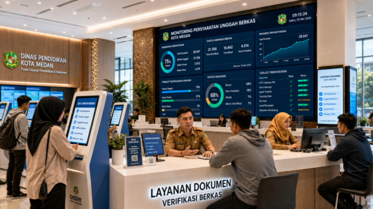 Dashboard interaktif Persyaratan Unggah Berkas yang menampilkan alur kirim dokumen real-time untuk mendukung efisiensi pendaftaran kota Medan.