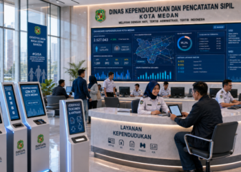Dashboard interaktif Platform Andalan Izin KTP yang menampilkan sistem pemantauan data kependudukan real-time untuk mendukung efisiensi identitas kota Medan