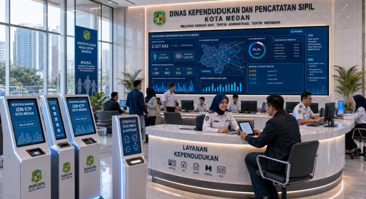 Dashboard interaktif Platform Andalan Izin KTP yang menampilkan sistem pemantauan data kependudukan real-time untuk mendukung efisiensi identitas kota Medan