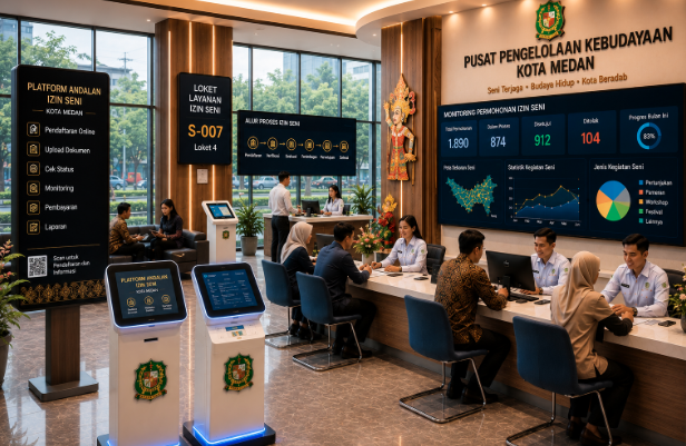 Dashboard interaktif Platform Andalan Izin Seni yang menampilkan sistem pemantauan data budaya real-time untuk mendukung efisiensi kesenian kota Medan