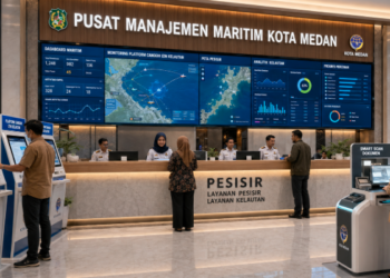Dashboard interaktif Platform Canggih Izin Kelautan yang menampilkan sistem pemantauan data maritim real-time untuk mendukung efisiensi kelautan kota Medan