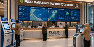 Dashboard interaktif Platform Canggih Izin Kelautan yang menampilkan sistem pemantauan data maritim real-time untuk mendukung efisiensi kelautan kota Medan