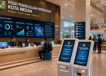 Dashboard interaktif Solusi Cerdas Izin Sosial yang menampilkan sistem pemantauan data bantuan real-time untuk mendukung efisiensi sosial kota Medan