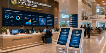 Dashboard interaktif Solusi Cerdas Izin Sosial yang menampilkan sistem pemantauan data bantuan real-time untuk mendukung efisiensi sosial kota Medan