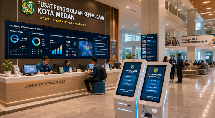 Dashboard interaktif Solusi Cerdas Izin Sosial yang menampilkan sistem pemantauan data bantuan real-time untuk mendukung efisiensi sosial kota Medan