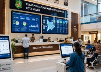 Dashboard interaktif Solusi Cerdas Izin Sosial yang menampilkan sistem pemantauan data bantuan real-time untuk mendukung efisiensi sosial kota Medan