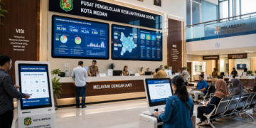 Dashboard interaktif Solusi Cerdas Izin Sosial yang menampilkan sistem pemantauan data bantuan real-time untuk mendukung efisiensi sosial kota Medan