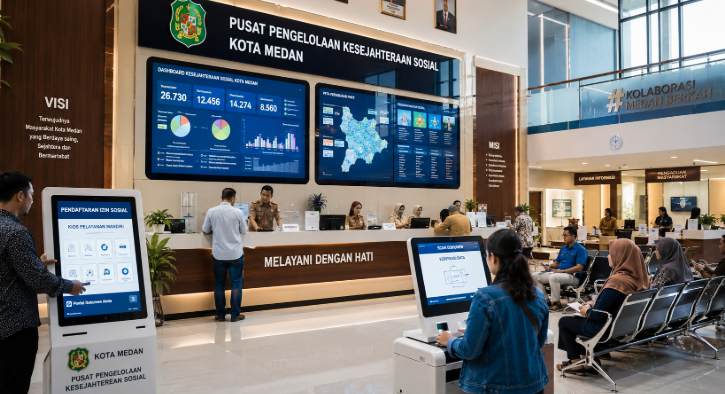 Dashboard interaktif Solusi Cerdas Izin Sosial yang menampilkan sistem pemantauan data bantuan real-time untuk mendukung efisiensi sosial kota Medan